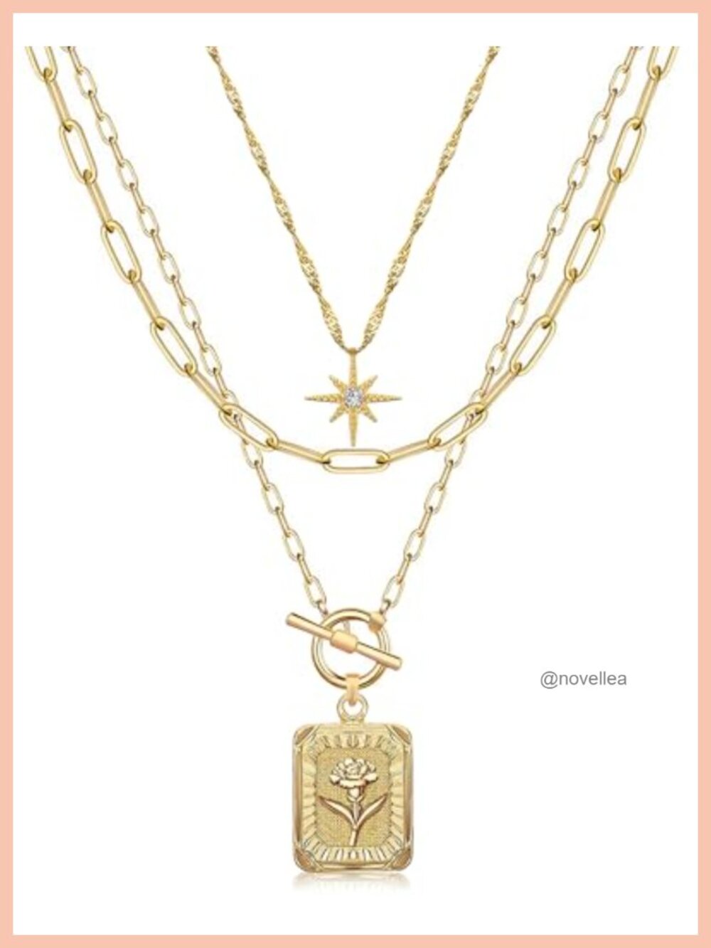 14K Gold Plated Layered Birth Flower Necklace Set, Star Choker Paperclip Chain,